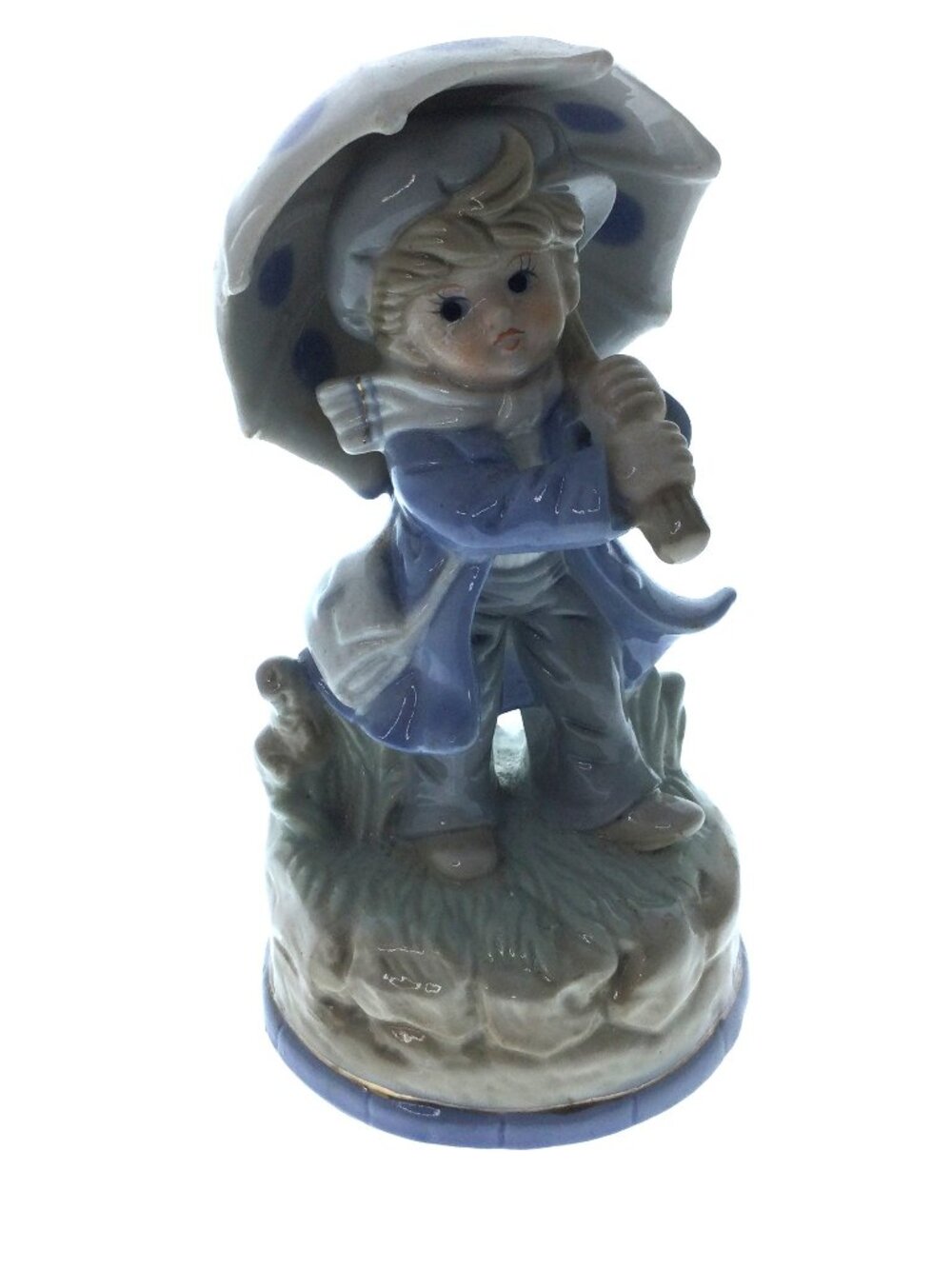 Vintage Ceramic Umbrella Boy Music Figurine Wind-Up Working